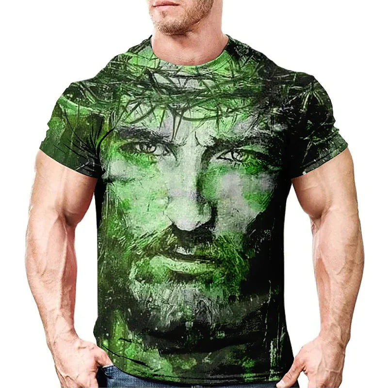 Estilo e Fé: Camiseta Retro 3D com Estampa de Jesus