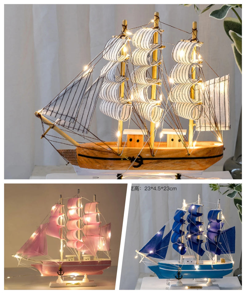 Modelo de veleiro de madeira para escritório e sala, decoração estilo mediterrâneo, artesanato criativo, vela suave, 1pc
