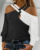 Top texturizado feminino Criss Cross cabo, pulôver casual, t de manga comprida, t colorblock, ombro frio, moda, outono, 2023