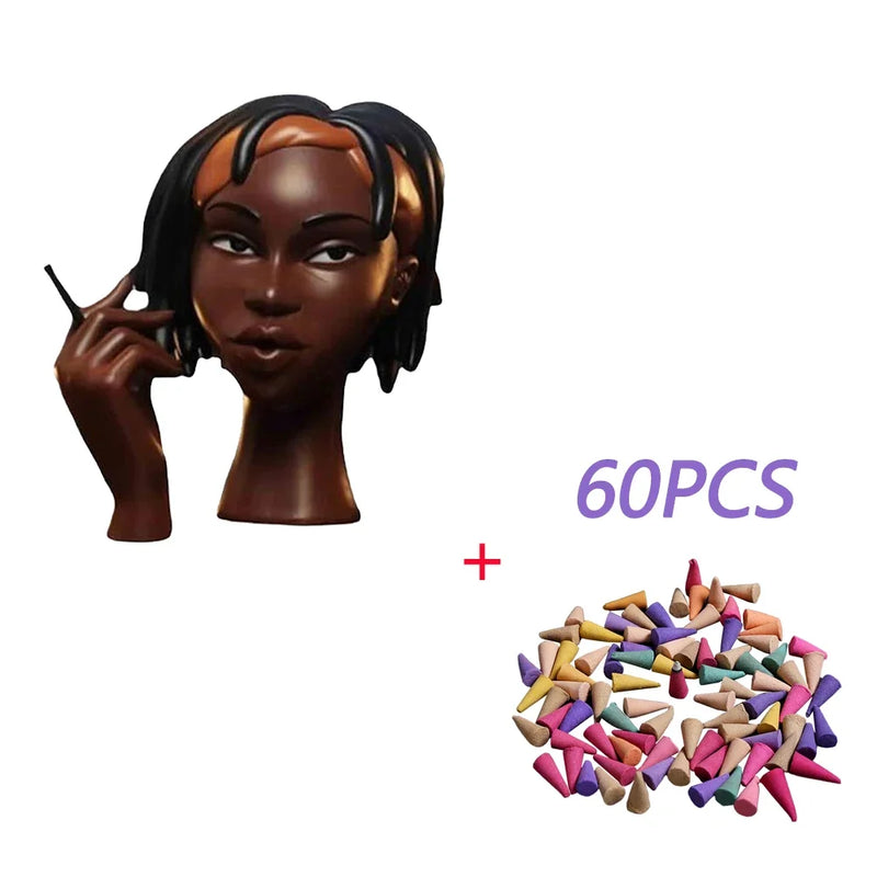 Novo queimador de incenso de cabeça, queimador de incenso de resina de rosto feminino preto nobre e 60 cones de incenso, exibição de artesanato para quarto e escritório