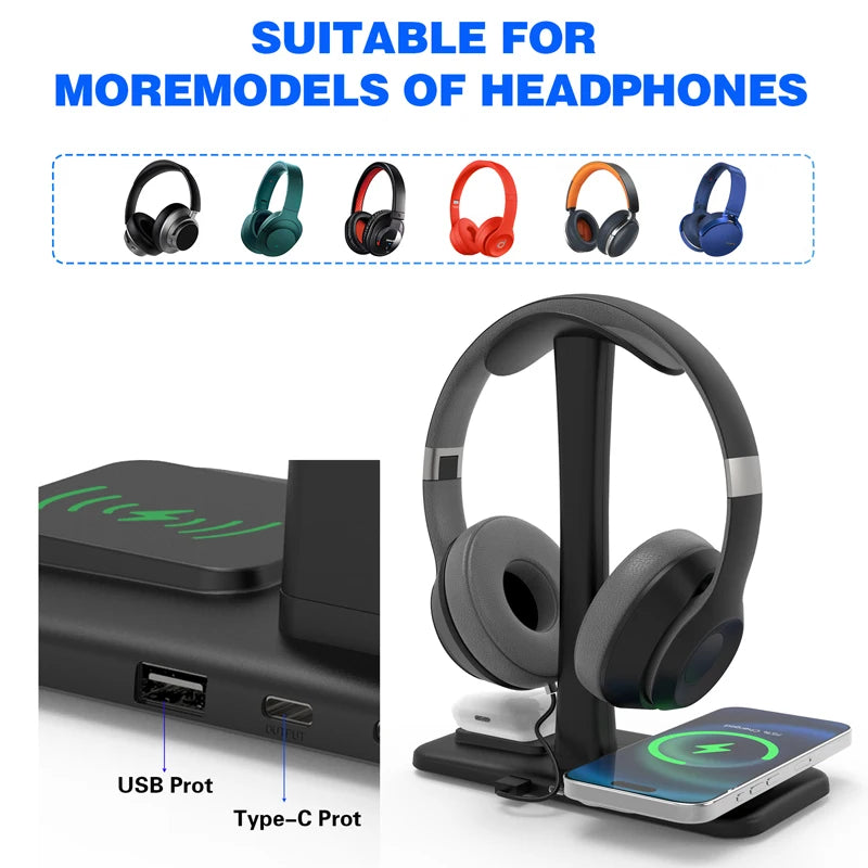 Auscultadores sem fio Stand Charger, RGB Atmosfera Light, Gaming Headset Bracket, telefone móvel, fone de ouvido Bluetooth, carregamento Dock, 3in 1