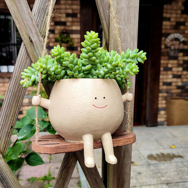Vaso de plantador de rosto de balanço, requintado, adorável, exclusivo, pendurado de resina, com corda para plantas, vaso de plantador de rosto de balanço