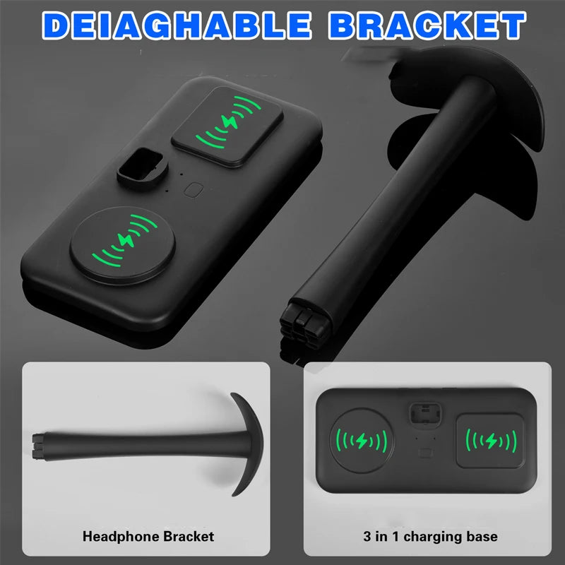 Auscultadores sem fio Stand Charger, RGB Atmosfera Light, Gaming Headset Bracket, telefone móvel, fone de ouvido Bluetooth, carregamento Dock, 3in 1