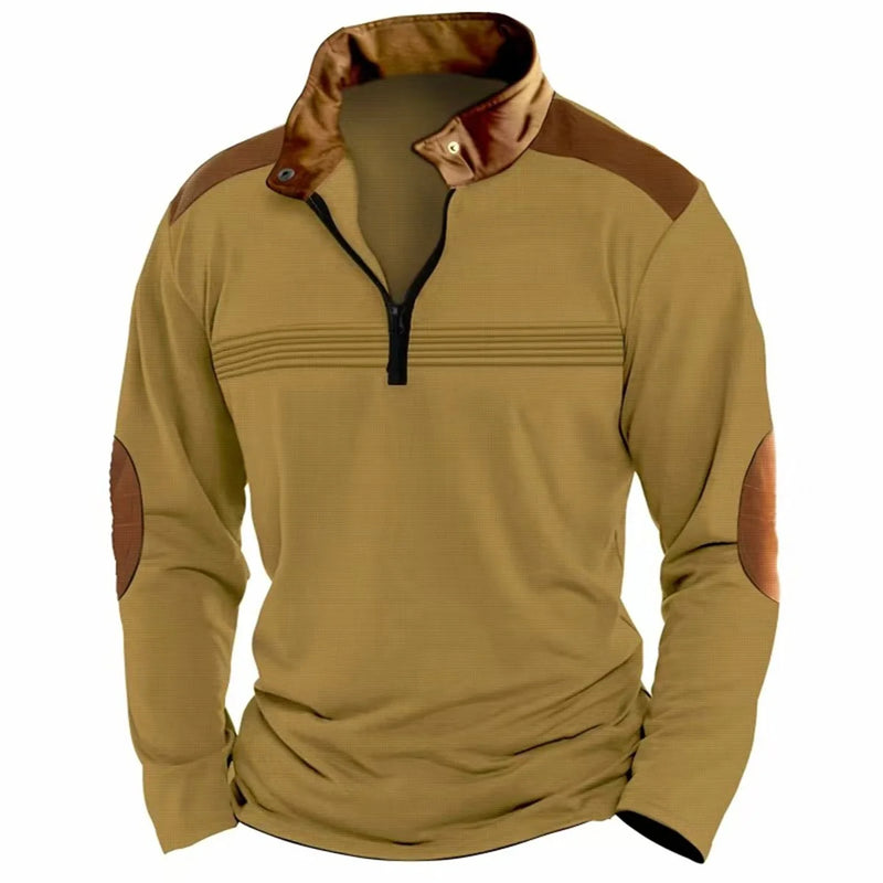 Outono/inverno moda todos os dias casual cor sólida zíper peito plissado listra retalhos confortável camisa polo de manga comprida