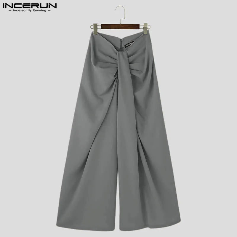 INCERUN-Calças de perna larga masculinas, corredores plissados com zíper, calças casuais, streetwear solto, calças compridas monocromáticas, S-5XL, Moda
