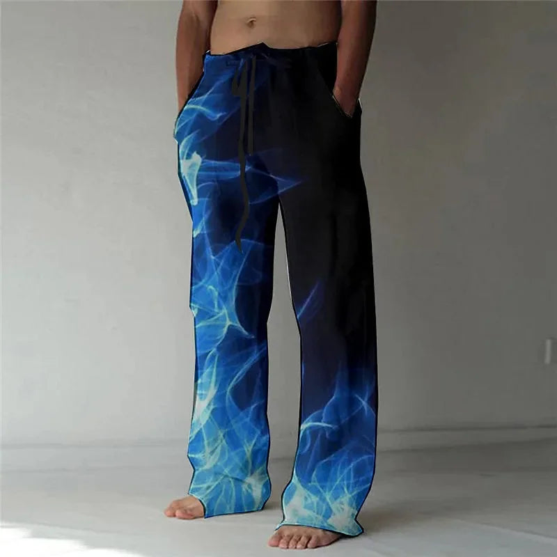Calças esportivas com cordão transfronteiriço, cintura elástica, perna reta, padrão de chama, impresso em 3D, calça casual extragrande, nova