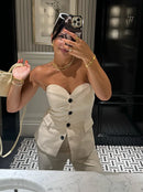 Conjunto Elegante Feminino: Top Tomara que Caia e Calça de Cintura Alta
