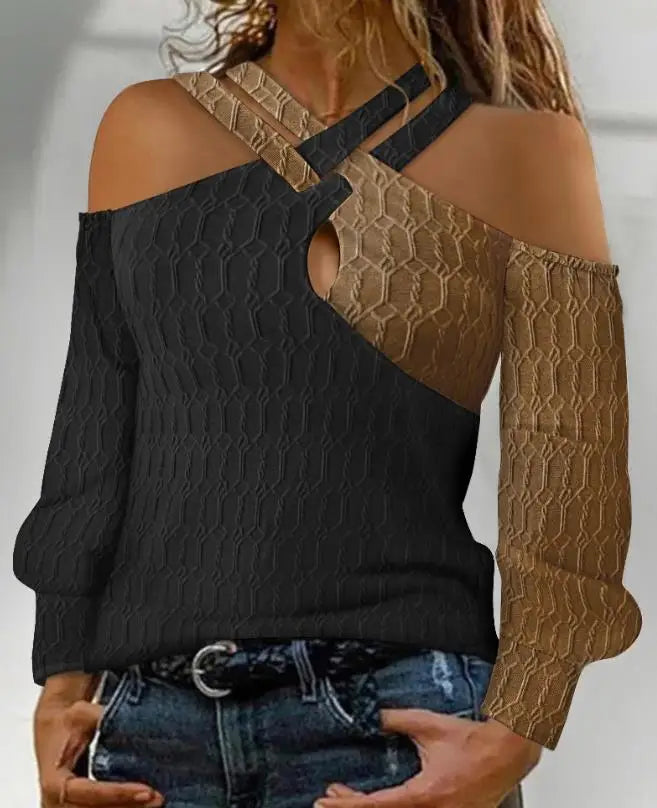 Top texturizado feminino Criss Cross cabo, pulôver casual, t de manga comprida, t colorblock, ombro frio, moda, outono, 2023