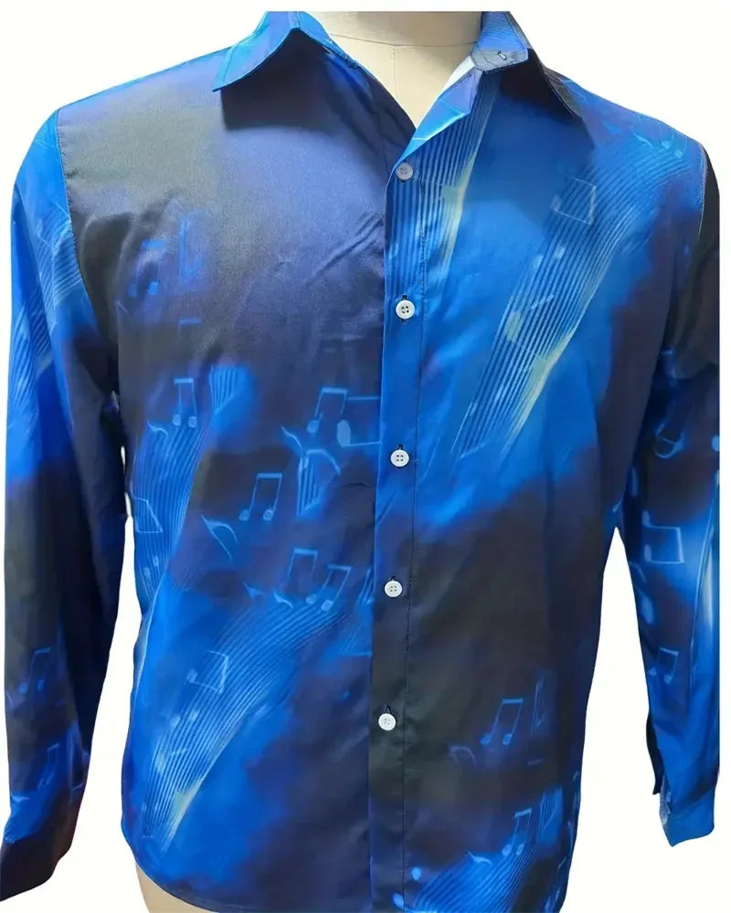 Camisa de lapela dos homens Padrão Nota Musical, 3D Impresso, Casual, Manga Longa, Botão, Adequado para Primavera e Outono, Presente, S-6XL