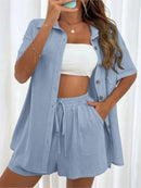 Conjunto feminino de duas peças de linho e algodão, manga curta, camisa monocromática, shorts soltos, terno casual de escritório, moda feminina, verão, 2025