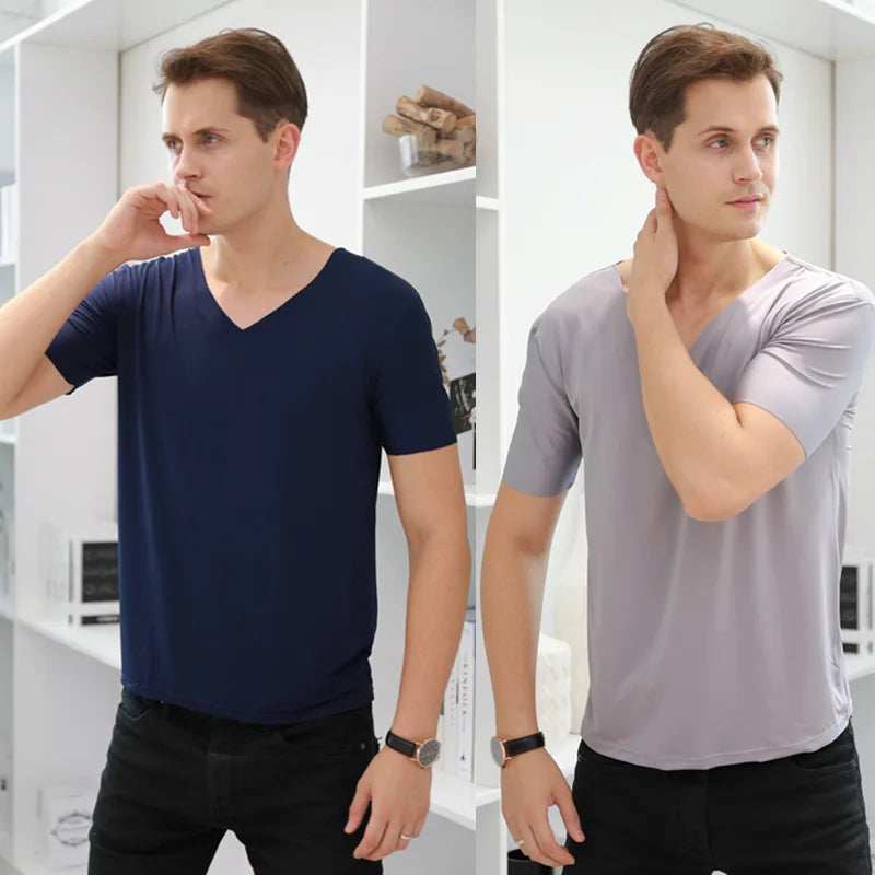 Camiseta de seda gelo masculina, manga curta, camisola regata com decote em v, colete respirável masculino, camiseta fina sem costura, camisola singlets musculação, verão