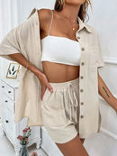 Conjunto feminino de duas peças de linho e algodão, manga curta, camisa monocromática, shorts soltos, terno casual de escritório, moda feminina, verão, 2025