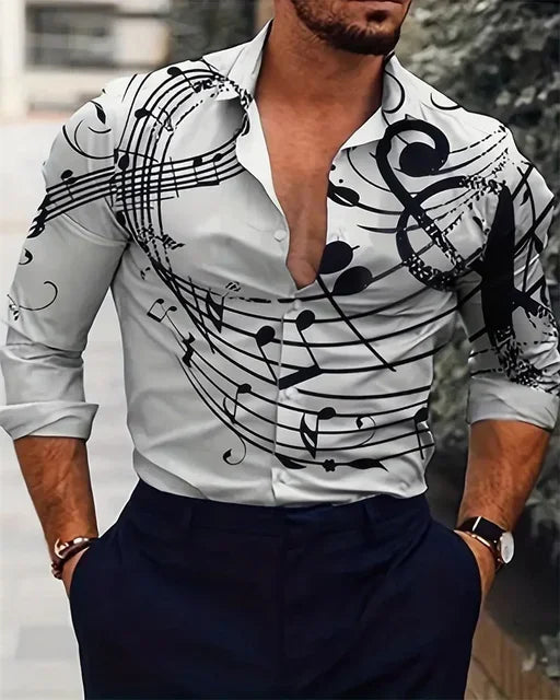 Camisa de lapela dos homens Padrão Nota Musical, 3D Impresso, Casual, Manga Longa, Botão, Adequado para Primavera e Outono, Presente, S-6XL