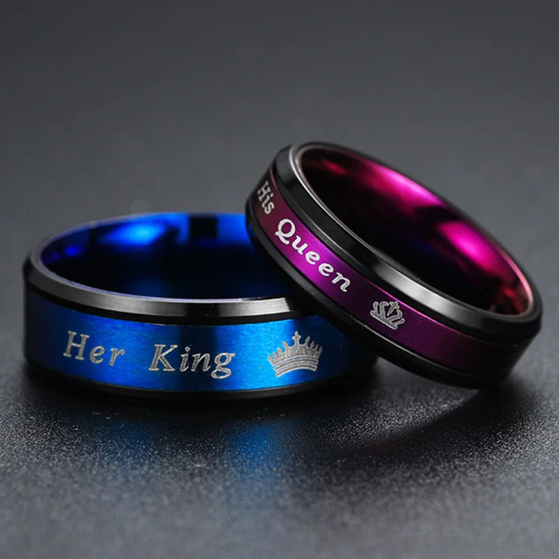 Anel de casal em aço inoxidável para mulheres e homens, azul e roxo, seu rei e sua rainha, anéis de noivado, jóias da moda