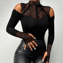 Top justo para mulheres, gola simulada, gola quadrada, camiseta com contas de costura em renda, coleção elegante de blusa sexy