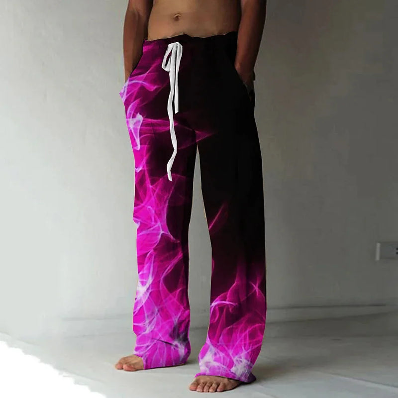 Calças esportivas com cordão transfronteiriço, cintura elástica, perna reta, padrão de chama, impresso em 3D, calça casual extragrande, nova