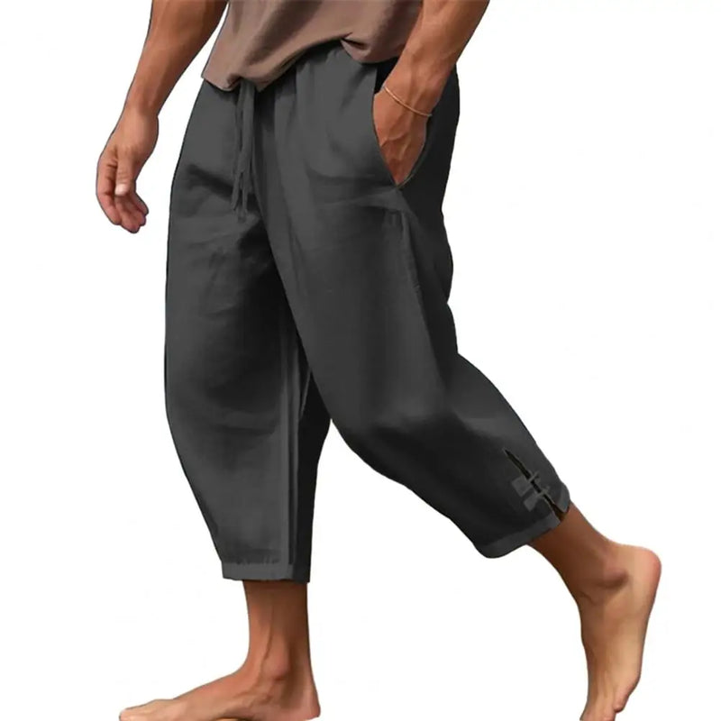 Bandagem de bolso grande calça grande masculina, calça harém solta, calça larga de linho masculina, calça casual masculina
