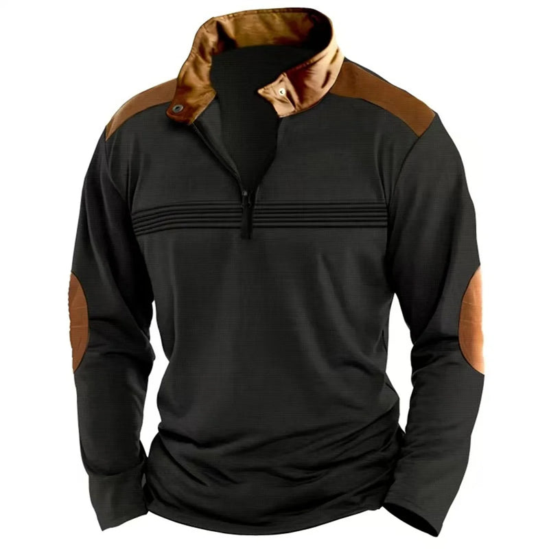 Outono/inverno moda todos os dias casual cor sólida zíper peito plissado listra retalhos confortável camisa polo de manga comprida