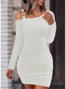 Vestido bodycon manga comprida fora do ombro feminino, mini vestido casual, decoração em cadeia, vestidos sexy, com nervuras, monocromático, moda, outono, 2024