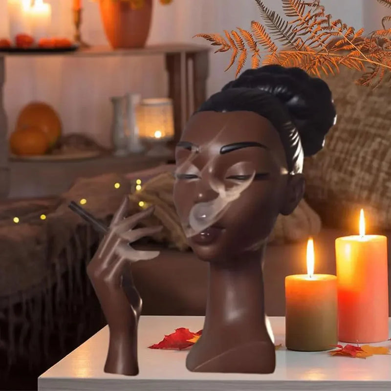 Novo queimador de incenso de cabeça, queimador de incenso de resina de rosto feminino preto nobre e 60 cones de incenso, exibição de artesanato para quarto e escritório