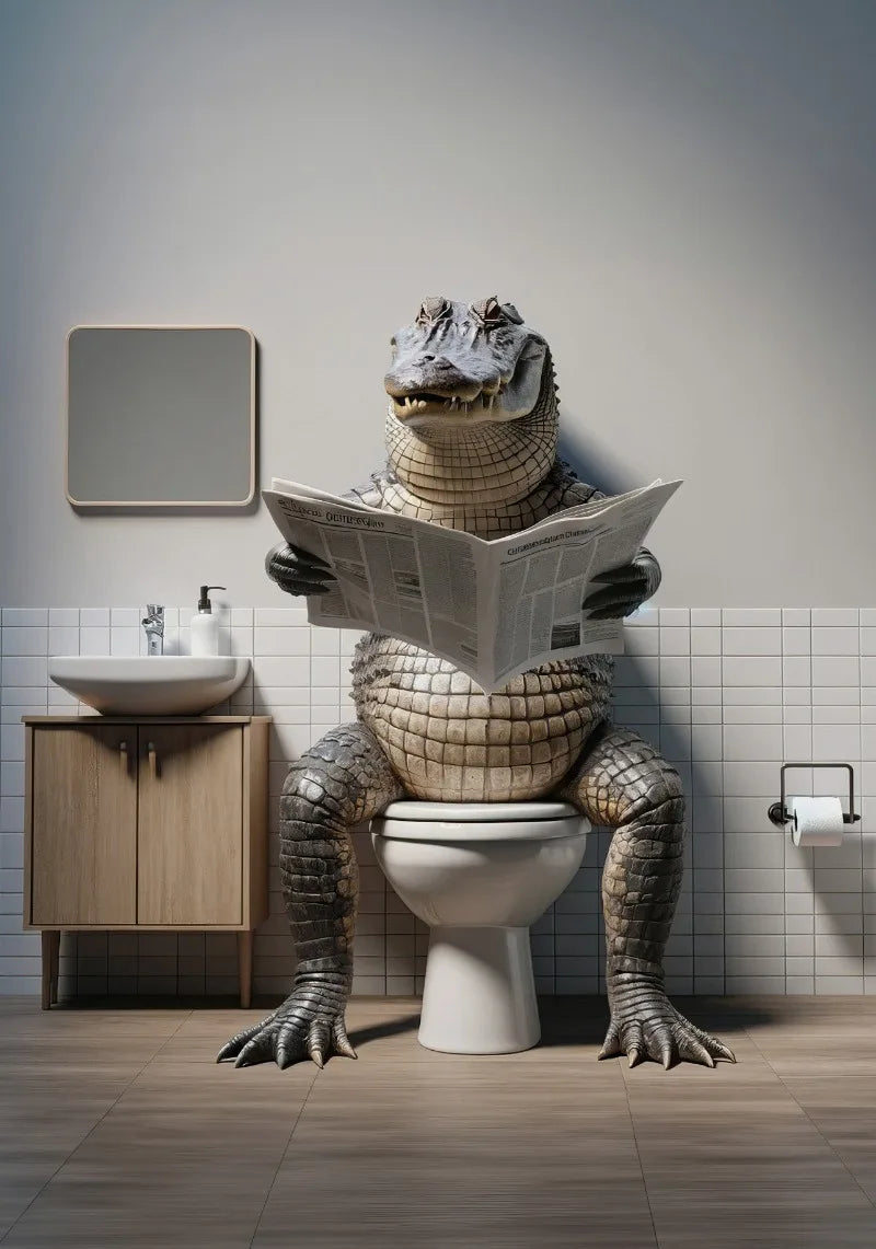 WC Animais Pintura De Lona, Leitura De Jornal, Ovelha Jacaré, Cartaz Doberman Print, Arte Da Parede, Room Pictures, Decoração De Casa