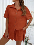 Conjunto feminino de duas peças de linho e algodão, manga curta, camisa monocromática, shorts soltos, terno casual de escritório, moda feminina, verão, 2025