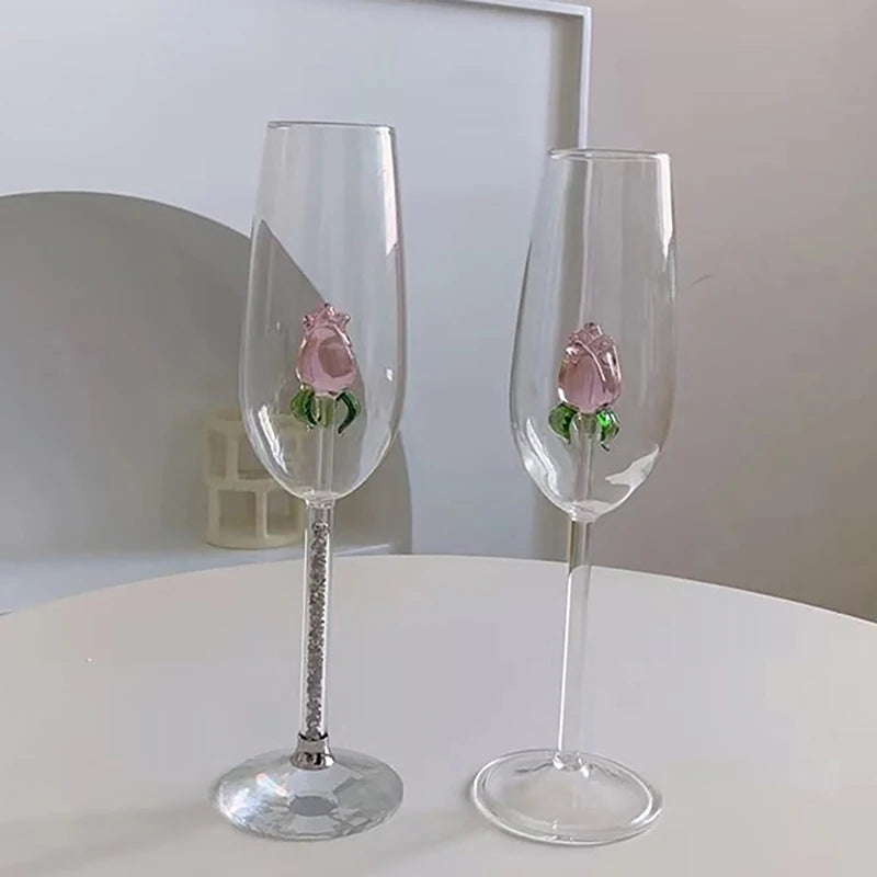Criativo 3d rosa vidro rosa embutido vermelho branco copos de vinho copo drinkware cálice flauta champanhe doméstico adorável presente dos namorados