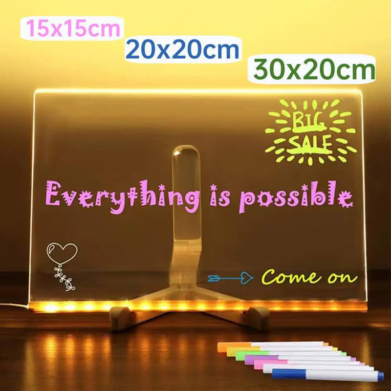 Ilumine placa de mensagem acrílica regravável diy crianças brilhante prancheta lâmpada de mensagem com 7 canetas coloridas