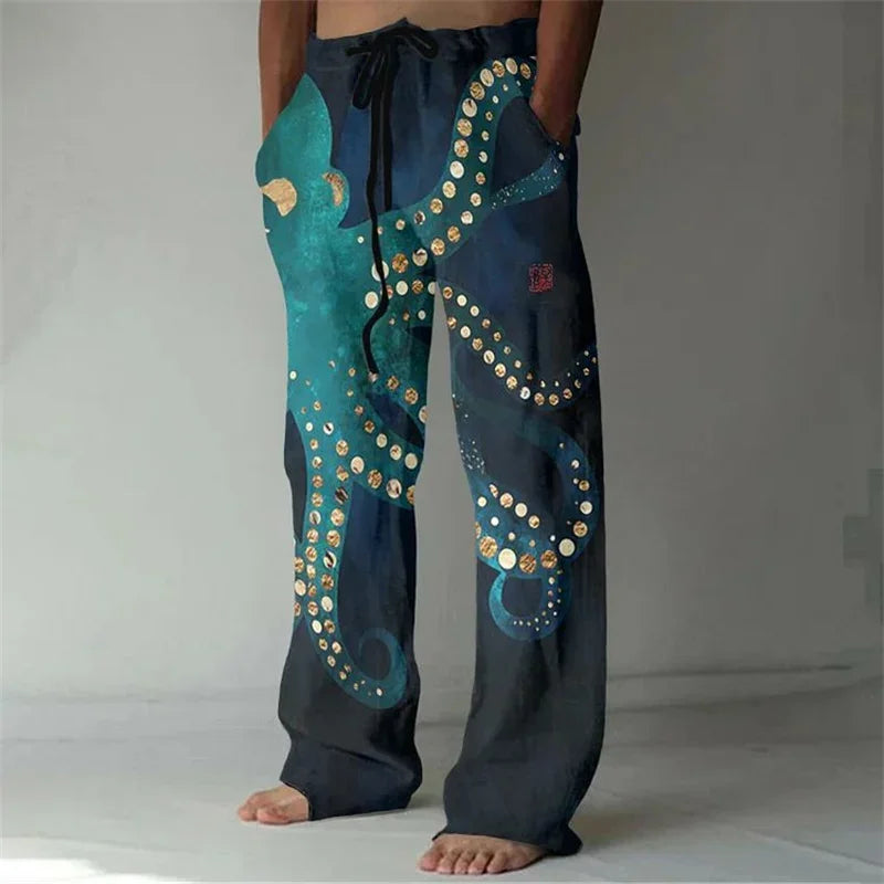 Calça de perna larga, fina com estampa 3D masculina, tamanho grande, reta, casual, além das fronteiras, nova, além das fronteiras, primavera e outono
