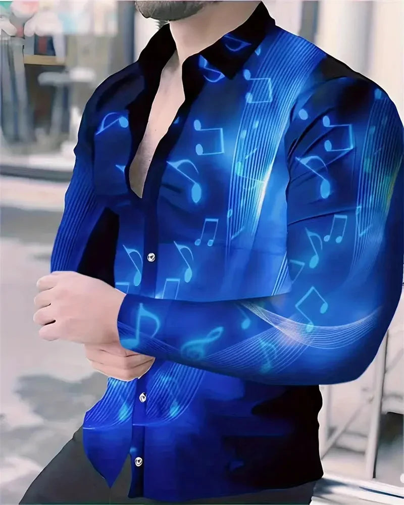 Camisa de lapela dos homens Padrão Nota Musical, 3D Impresso, Casual, Manga Longa, Botão, Adequado para Primavera e Outono, Presente, S-6XL