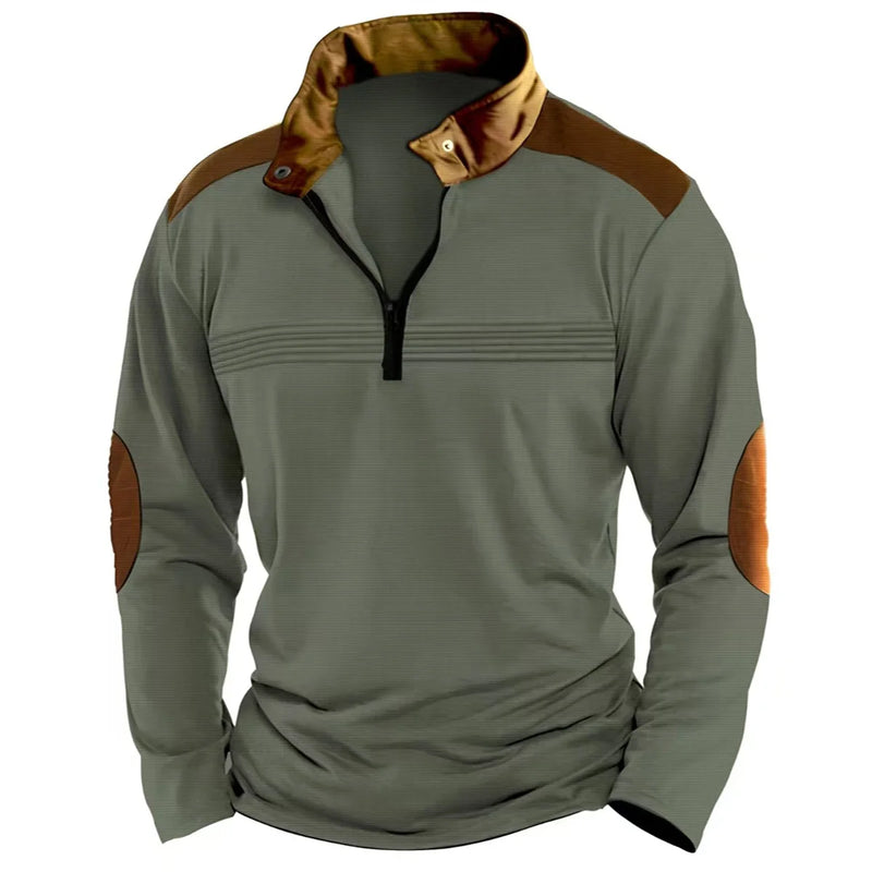 Outono/inverno moda todos os dias casual cor sólida zíper peito plissado listra retalhos confortável camisa polo de manga comprida