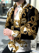 Camisa com gráfico dourado masculina, manga longa, lapela cubana, blusa de praia, roupa de luxo, moda virada