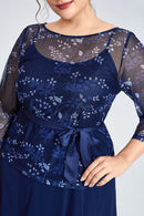 Flycurvy Plus Size Formal Azul Marinho Chiffon Mesh Planta Impressão Lace-Up Duas Peças Vestido Maxi