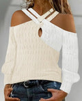 Top texturizado feminino Criss Cross cabo, pulôver casual, t de manga comprida, t colorblock, ombro frio, moda, outono, 2023