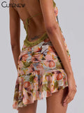 Mini vestido sem encosto impresso Cutenew-para mulheres, patchwork sexy, guarnição Hollow Out, cinta de espaguete, plissado vestido, roupão atraente do clube, Y2K