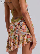Mini vestido sem encosto impresso Cutenew-para mulheres, patchwork sexy, guarnição Hollow Out, cinta de espaguete, plissado vestido, roupão atraente do clube, Y2K