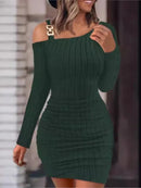 Vestido bodycon manga comprida fora do ombro feminino, mini vestido casual, decoração em cadeia, vestidos sexy, com nervuras, monocromático, moda, outono, 2024