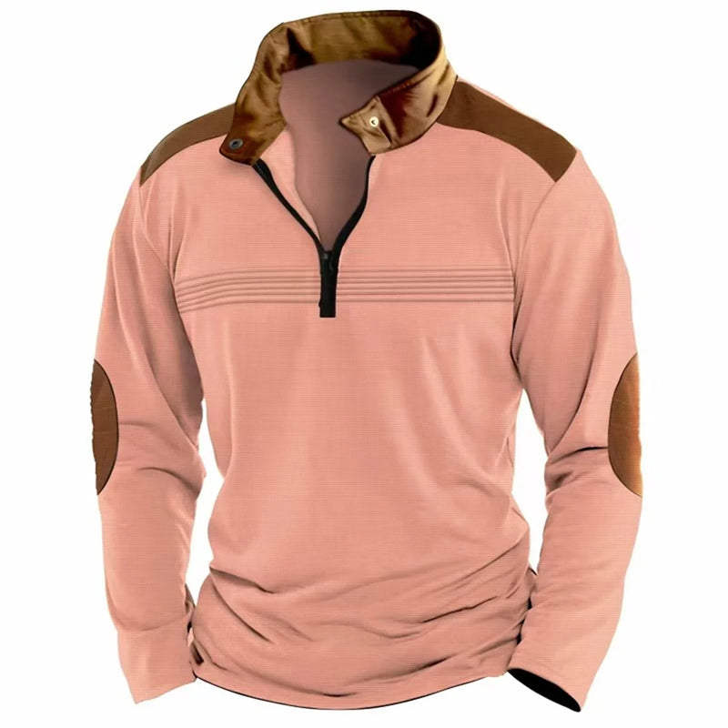 Outono/inverno moda todos os dias casual cor sólida zíper peito plissado listra retalhos confortável camisa polo de manga comprida