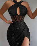 Sexy noite fora vestidos de festa para as mulheres 2022 strass ruched alta fenda contraste rendas espartilho sem mangas halter vestido fino novo