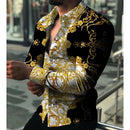 Camisa com gráfico dourado masculina, manga longa, lapela cubana, blusa de praia, roupa de luxo, moda virada