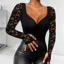 Top justo para mulheres, gola simulada, gola quadrada, camiseta com contas de costura em renda, coleção elegante de blusa sexy