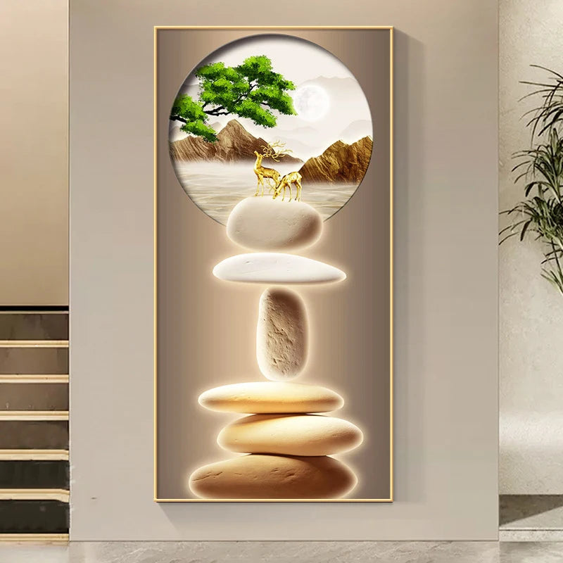 Estilo chinês Zen Pedra Golden Deer Canvas Pintura Wall Art, Rich Tree Posters, Fengshui Wall Art para decoração varanda, sem moldura