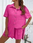 Conjunto feminino de duas peças de linho e algodão, manga curta, camisa monocromática, shorts soltos, terno casual de escritório, moda feminina, verão, 2025