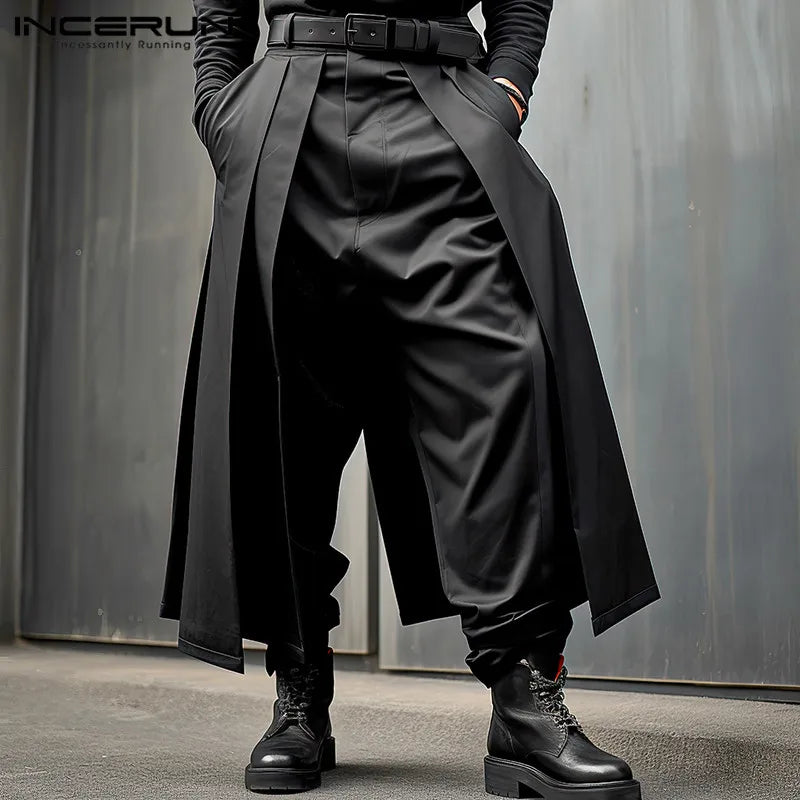 Incerun-calças plissadas soltas para homens, cor sólida, casual, perna larga, streetwear, moda