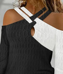 Top texturizado feminino Criss Cross cabo, pulôver casual, t de manga comprida, t colorblock, ombro frio, moda, outono, 2023
