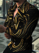 Camisa com gráfico dourado masculina, manga longa, lapela cubana, blusa de praia, roupa de luxo, moda virada