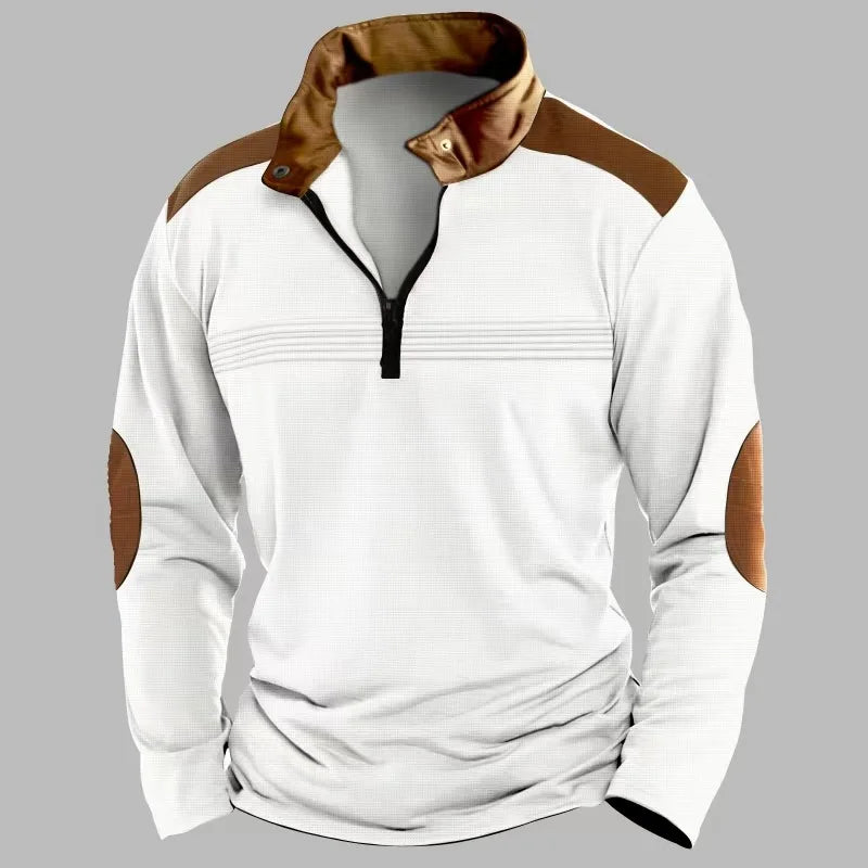 Outono/inverno moda todos os dias casual cor sólida zíper peito plissado listra retalhos confortável camisa polo de manga comprida