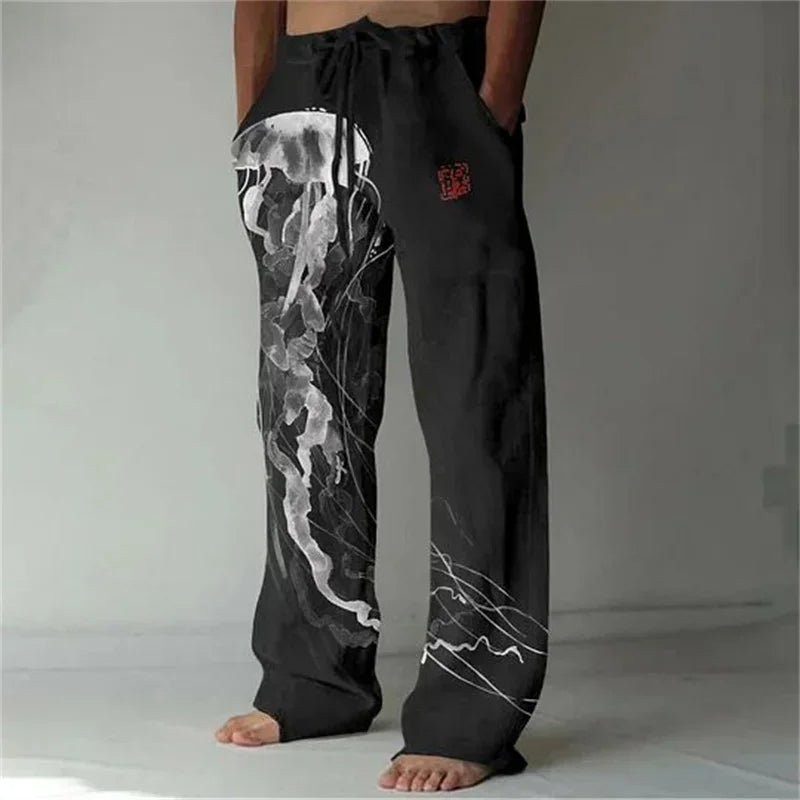 Calça de perna larga, fina com estampa 3D masculina, tamanho grande, reta, casual, além das fronteiras, nova, além das fronteiras, primavera e outono