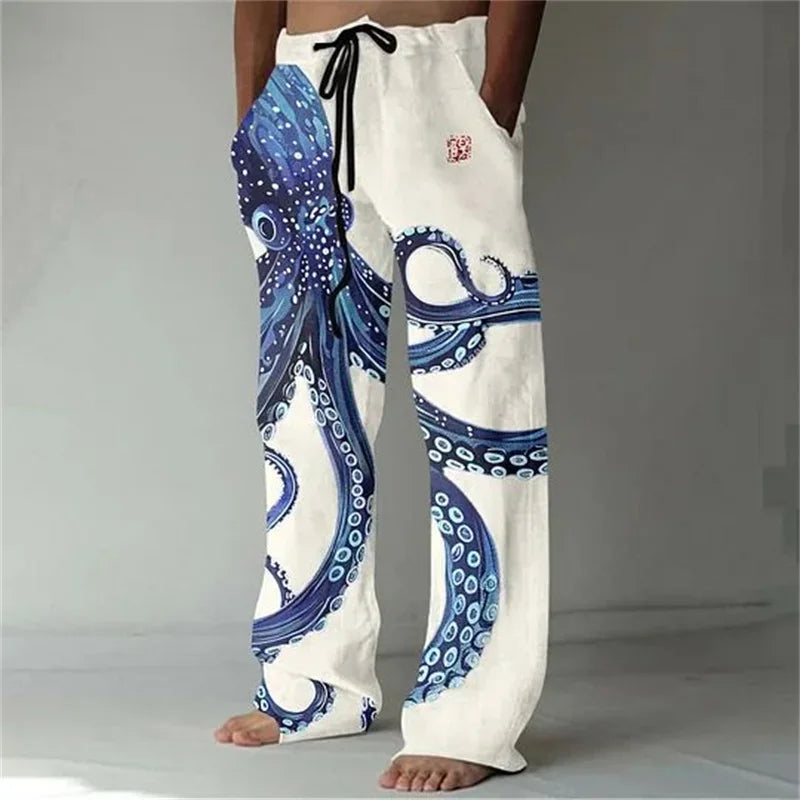 Calça de perna larga, fina com estampa 3D masculina, tamanho grande, reta, casual, além das fronteiras, nova, além das fronteiras, primavera e outono