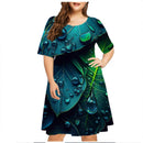 Vestido de gota de chuva verde verde feminino, manga curta, decote em O, solto, vestidos plus size, impressão 3D, mini, casual, moda verão, 5XL, 6XL